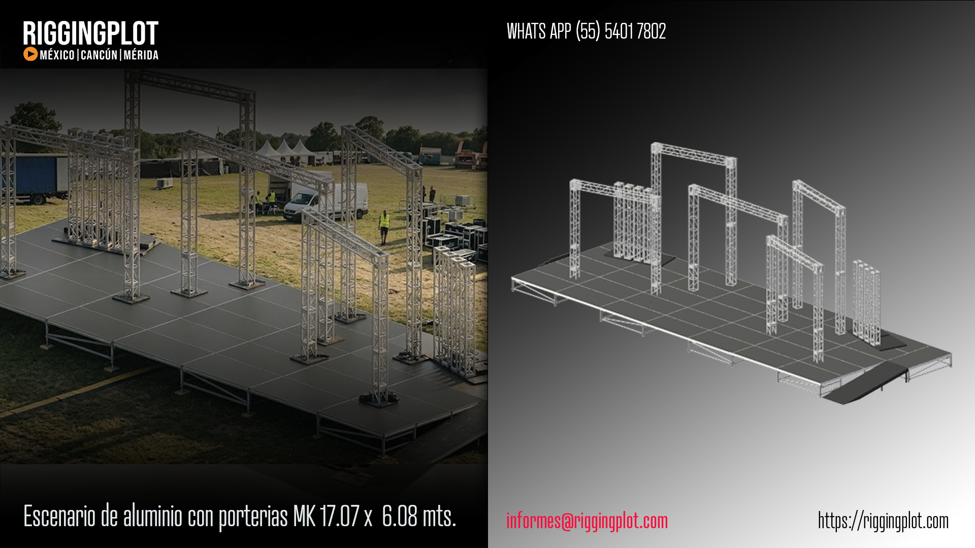 FICHA TÉCNICA ESCENARIO DE ALUMINIO 17.07 x 6.08 A 0.60 MTS EN CANCÚN